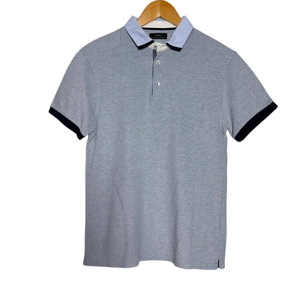Zara Men’s Textured Polo Shirt Medium Gray Contrast Trim Preppy Casual Modern